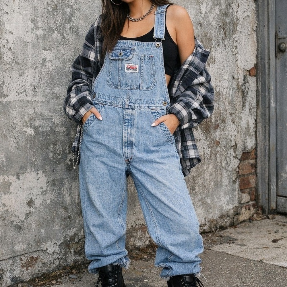 Vintage IKEDA Denim Overalls Canada Acid Wash Carpenter Raw Hem 90s Grunge M